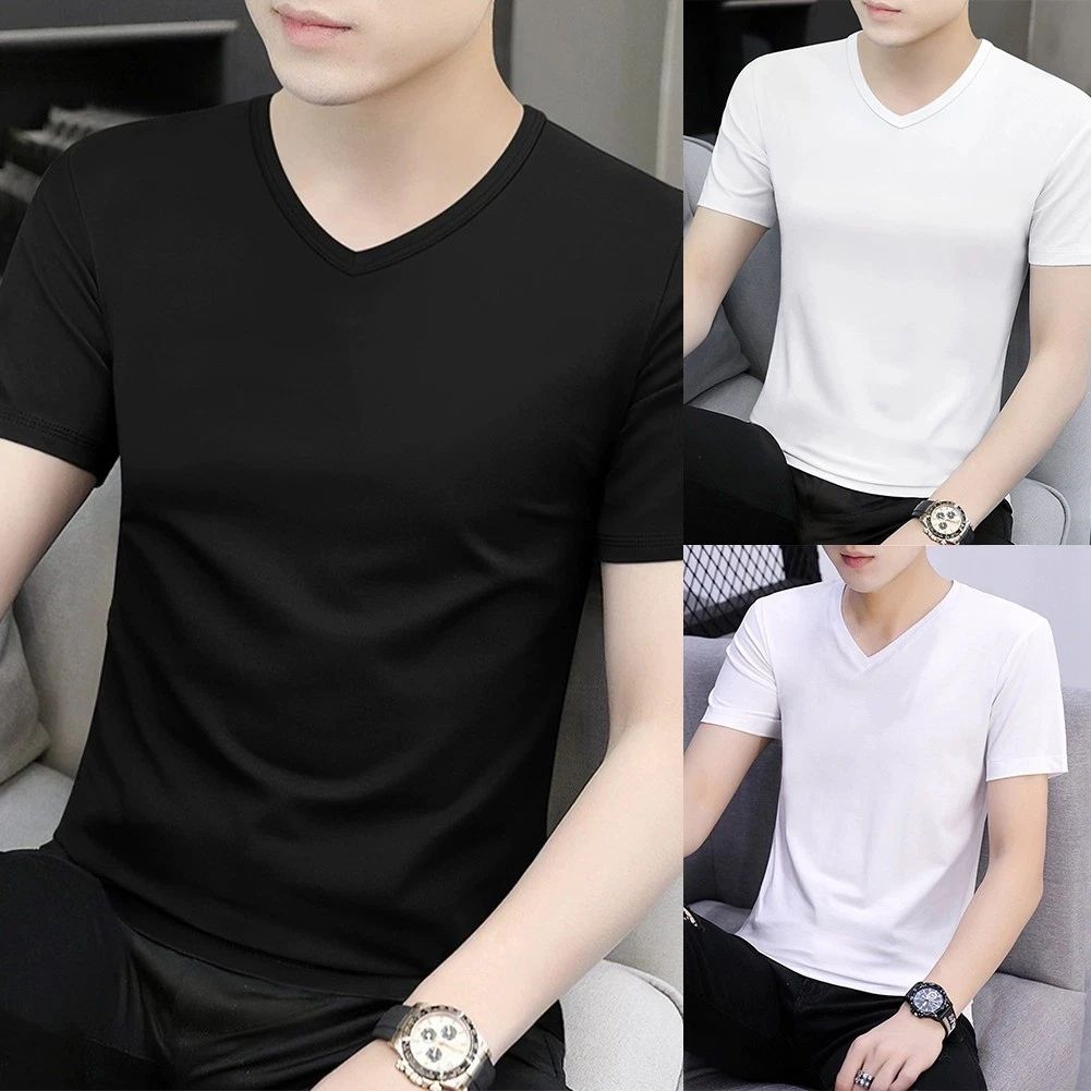 Men's Casual Solid Color Short Sleeve Tee with V Neck for Street Style