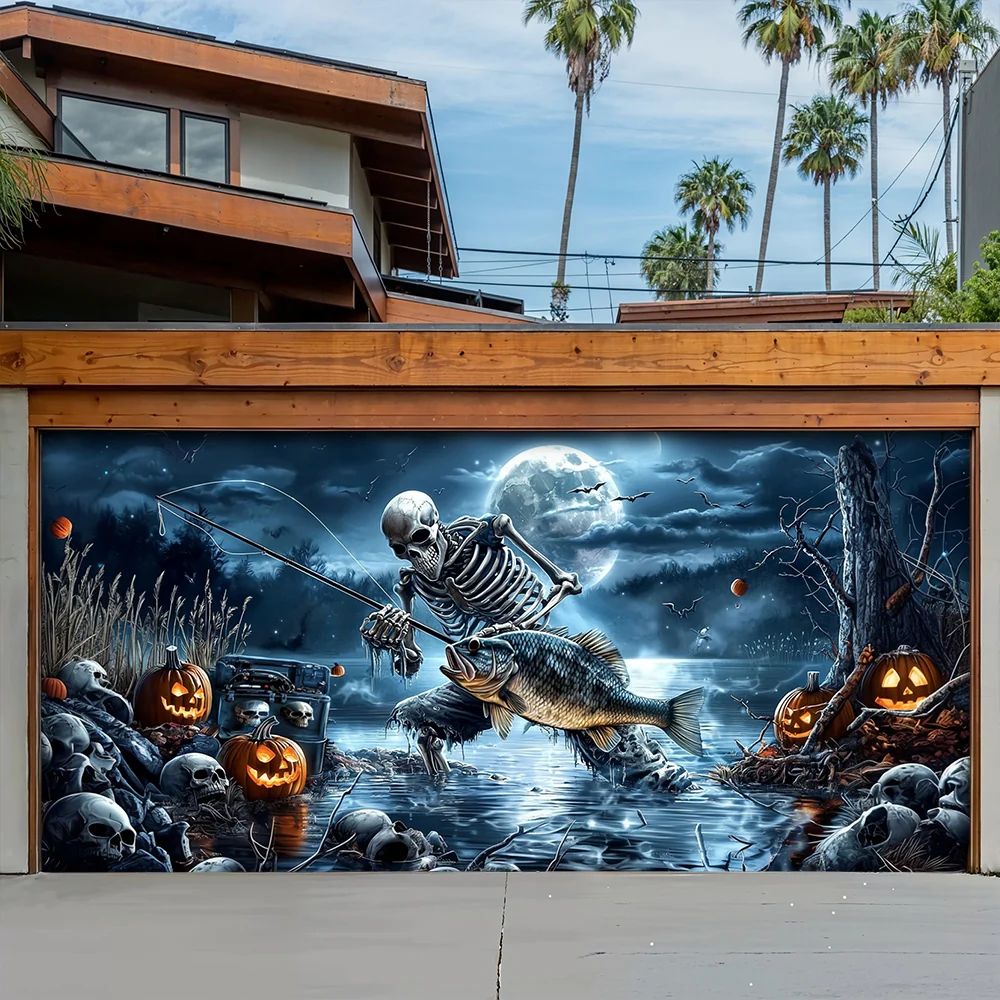 Skeleton Fishing Halloween Garage Door Banner
