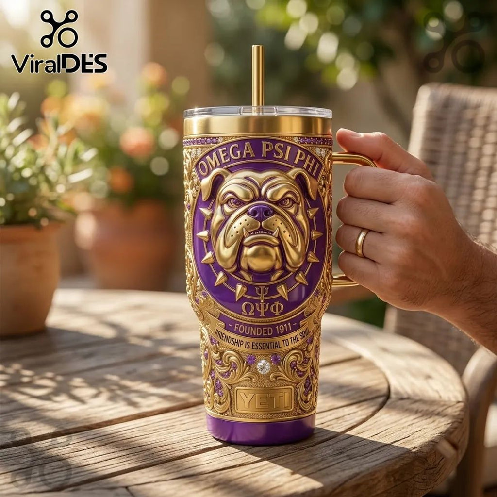 Omega Psi Phi Violet and Gold Bulldog YETI Handle Tumbler