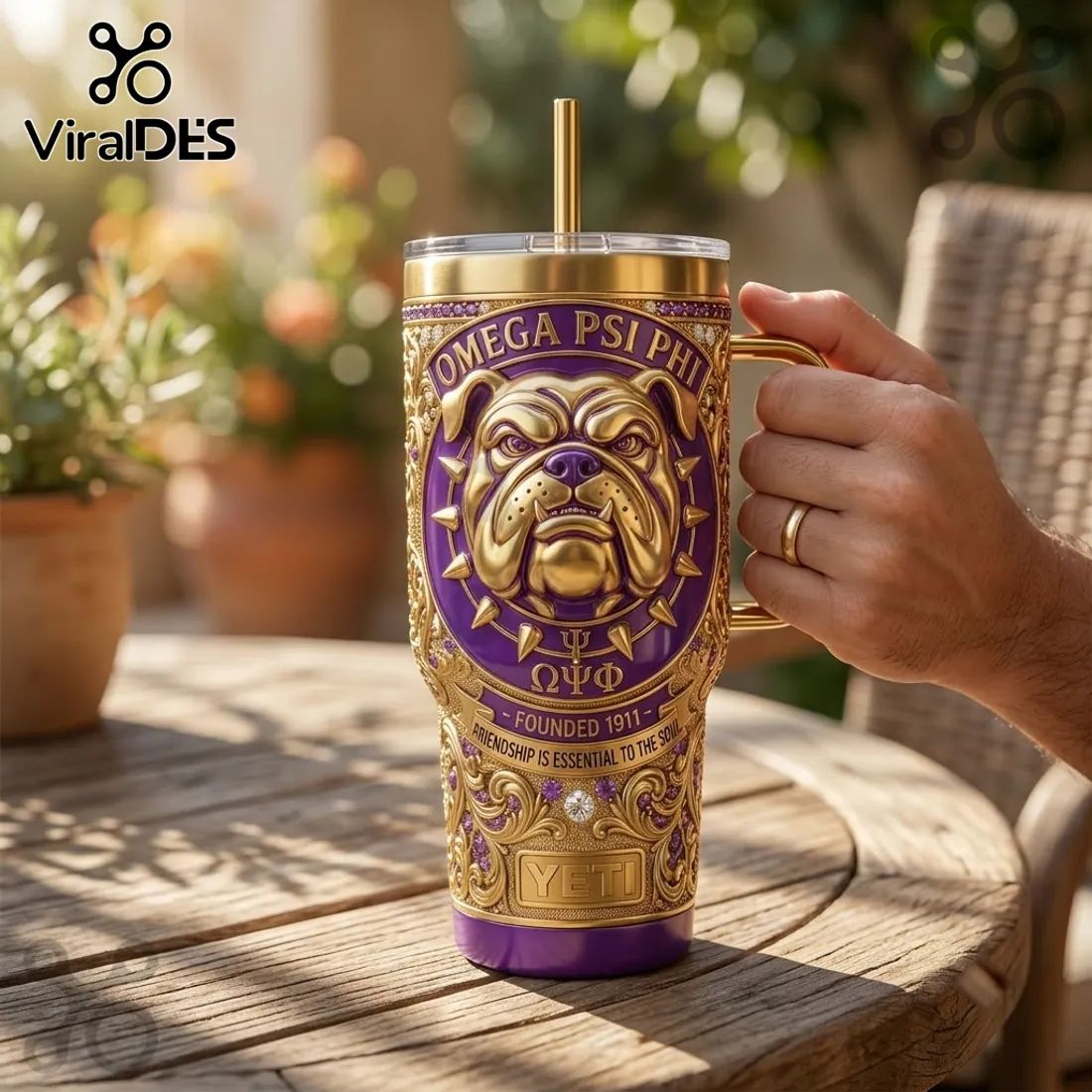 Omega Psi Phi Violet and Gold Bulldog YETI Handle Tumbler