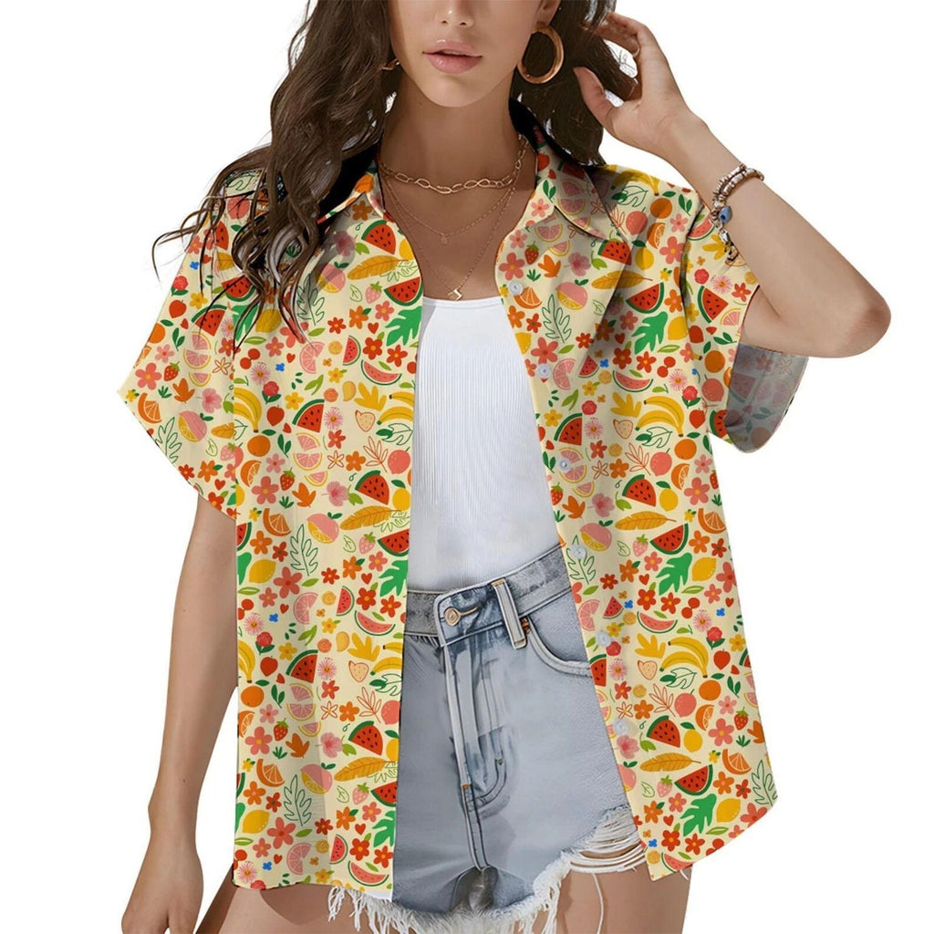Colorful Fruit Hawaiian Shirt Retro Funky Food Print Summer Vacation Women