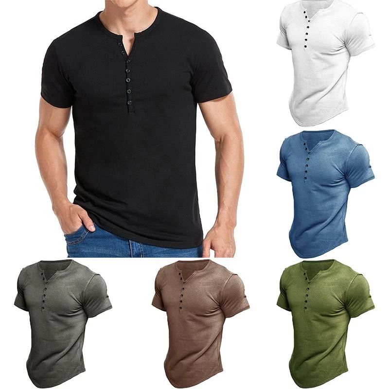 T Shirt Men Blouse Tops Tee Short Sleevecasual Solid Color Vintage V Neck #