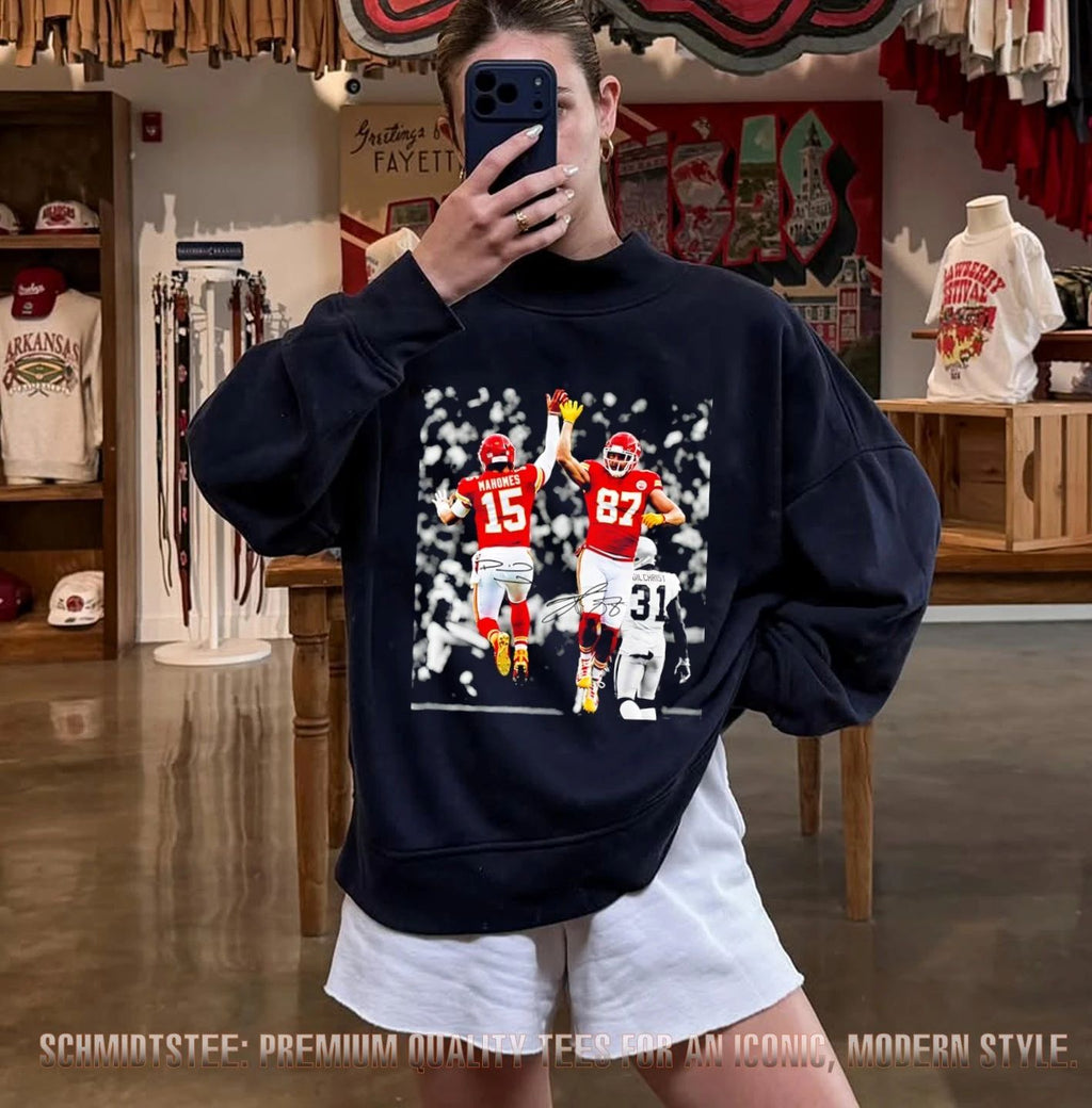 Travis Kelce and Patrick Mahomes Kansas City Chiefs celebration signature shirt