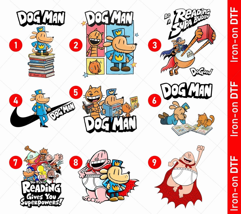 Dog Man DTF Heat Transfer Stickers Iron On | Kids Book Day Reading