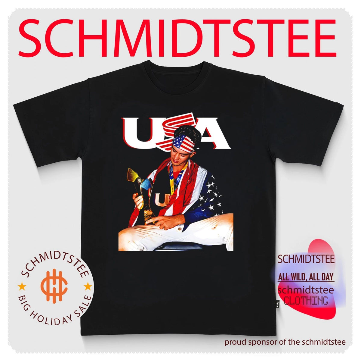 USA Baseball Champion player with trophy and America flag shirt