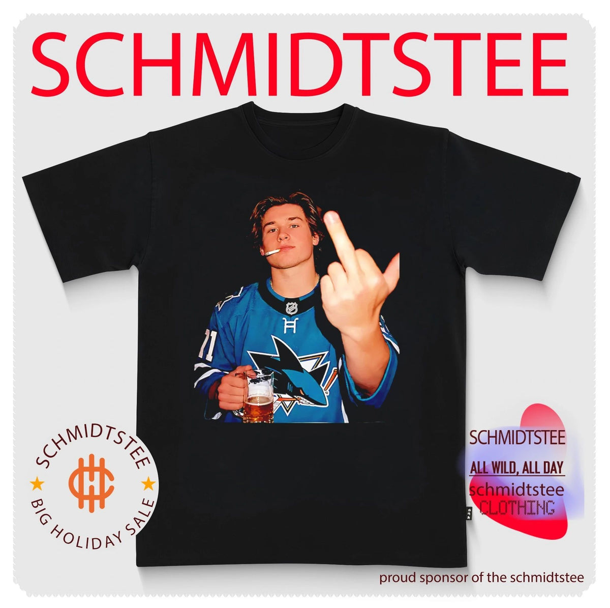 Macklin Celebrini San Jose Sharks holding beer middle finger shirt
