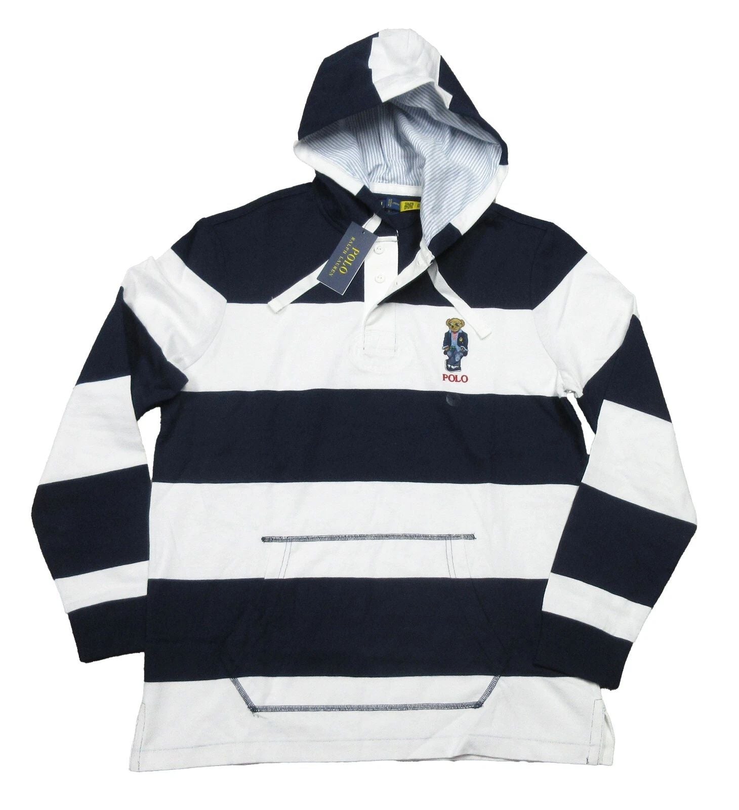 Polo Ralph Lauren Men's Navy/White Striped Polo Bear Rugby Hooded Henley Shirt