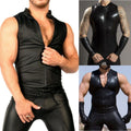 Men's Fashionable Black Shiny PU Leather Sleeveless Zip T shirt for Nightlife