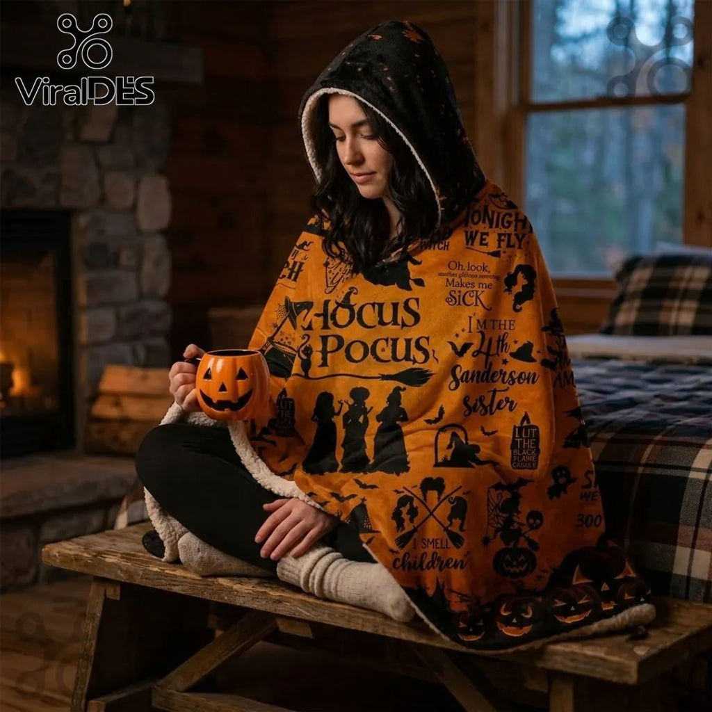 Hocus Pocus Sanderson Sisters Orange Hooded Blanket