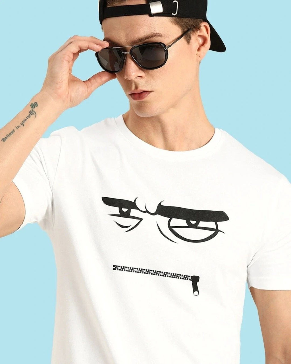 Men's T-Shirt Zipper Face Graphic Printed Round Neck Slim Active Fit Tee's