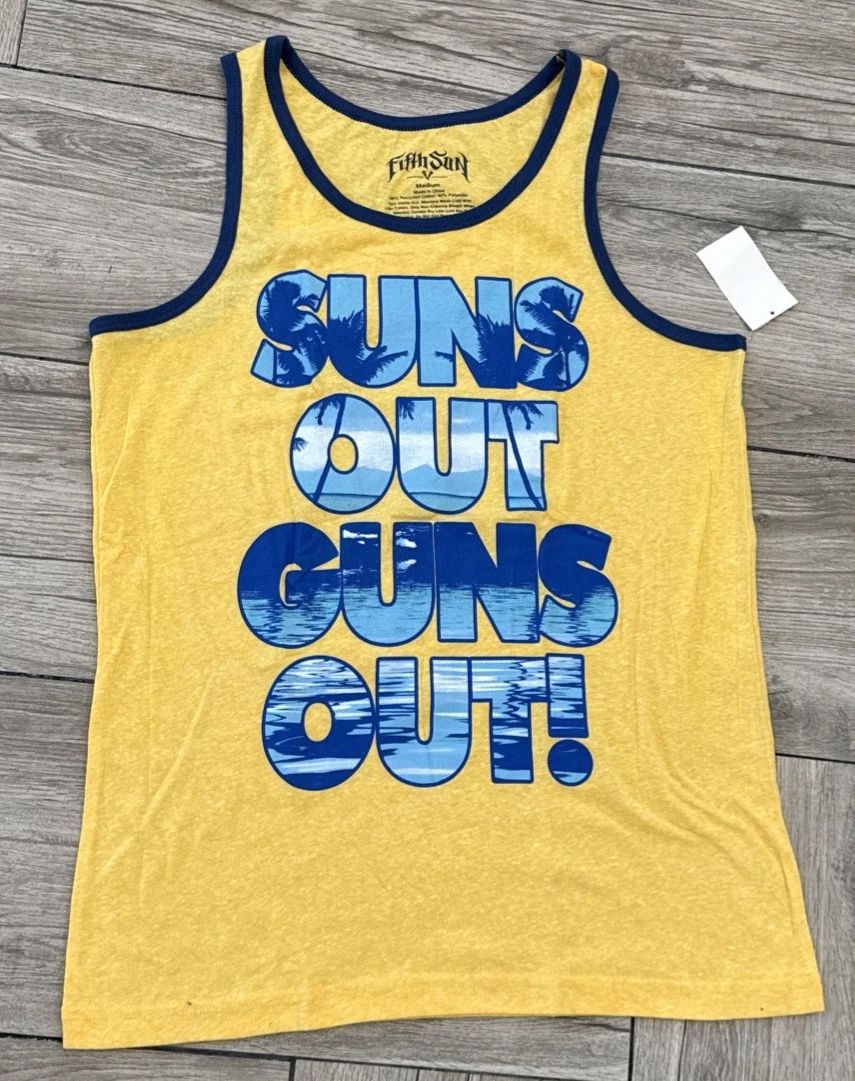 2014 Suns Out Guns Out Yellow & Navy Ringer Style Tank Top Size Medium