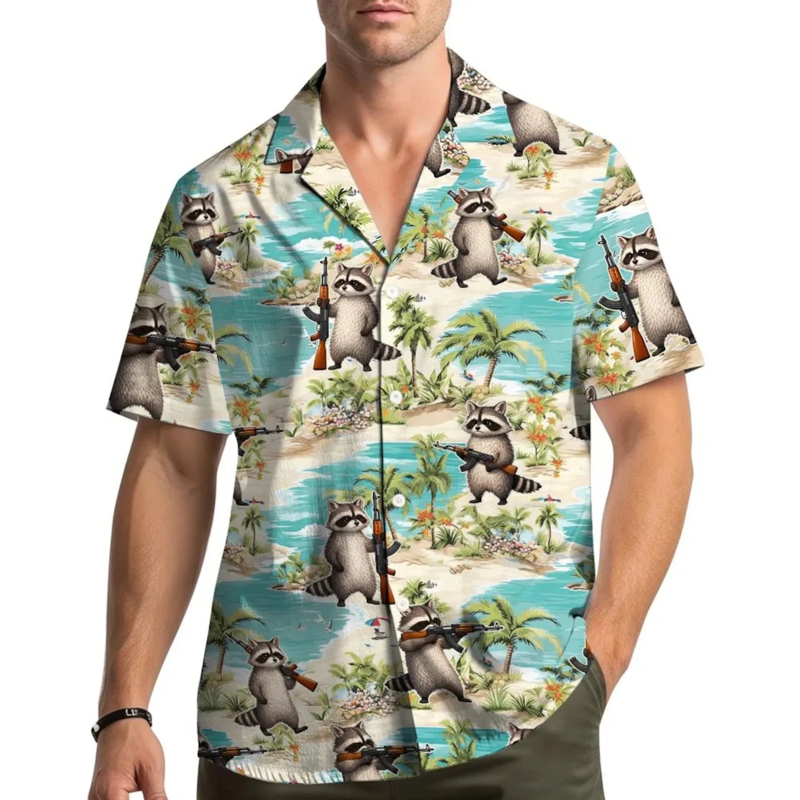 Surfing Raccoon Hawaiian Shirt Funny Beach Aloha Summer Button Up Unisex