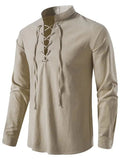 Khaki Beige Linen Cotton Linen Solid Drawstring Breathable Long Sleeve Tee Shirt