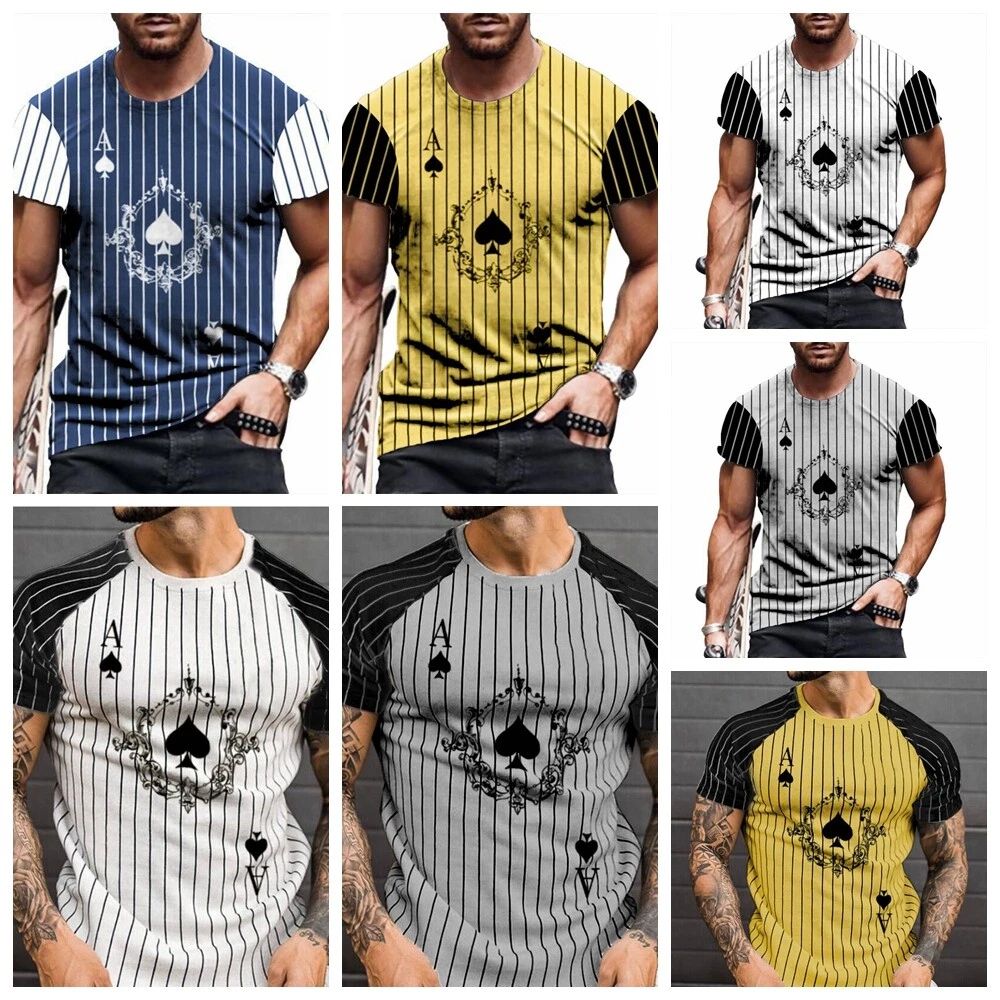 T Shirt Men Ace of Spades Stripe Fashion Poker Card Graphic Silky Streetwear Tee