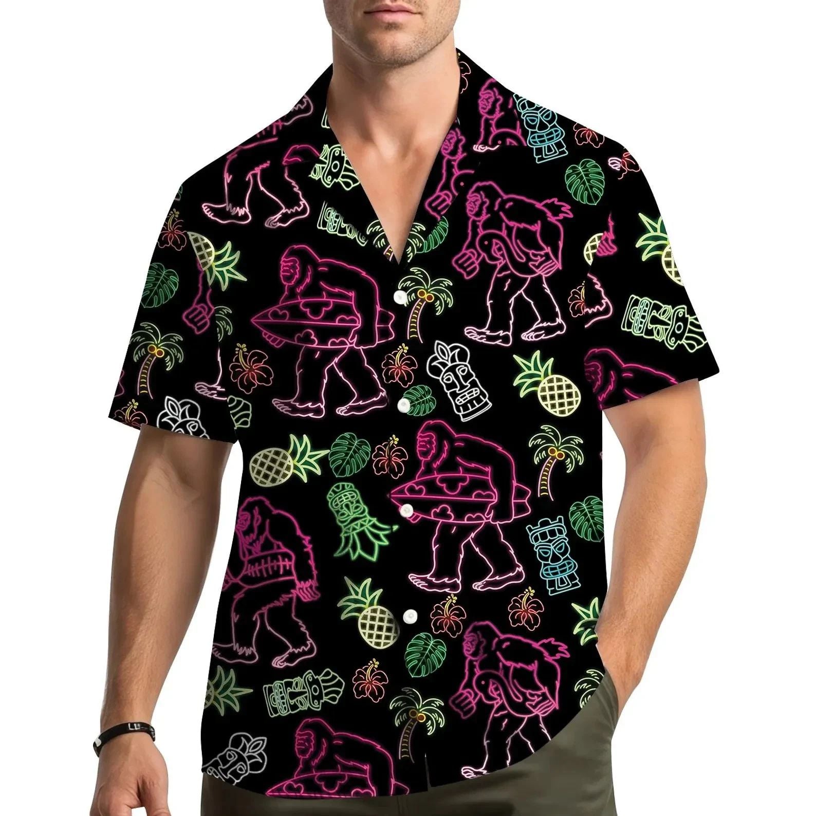 Surfing Bigfoot Hawaiian Shirt Neon Sasquatch Tropical Luau Button Up Men Women