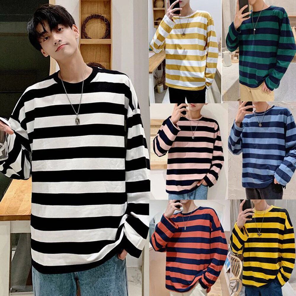 Top T Shirt Fancy Dress and Long Sleeve Black White White Striped Sleeve Men