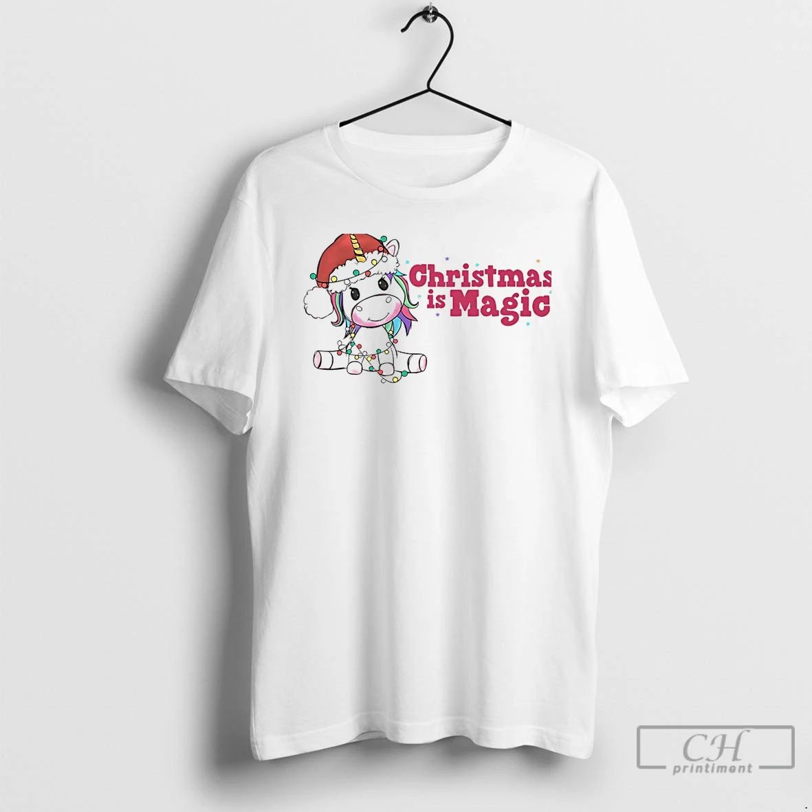 Classic Christmas Is Magic Unicorn Lights Pink Holiday White T Shirts