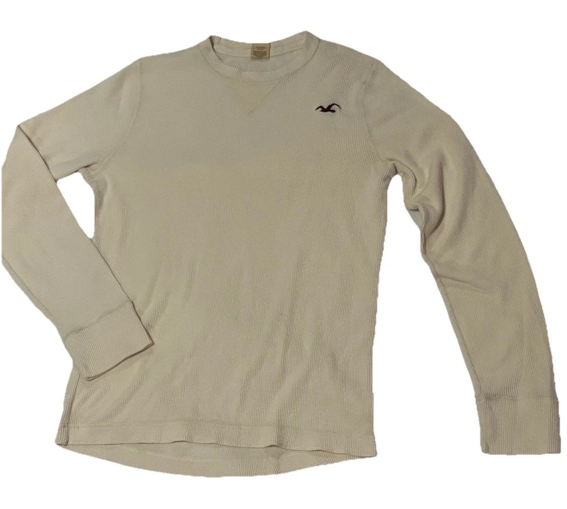 Hollister Y2K Preppy Waffle Knit L/S Mens Trendy Shirt SZ.M Ivory