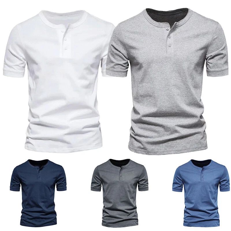 Men Henley Shirts Short Sleeve Crew Neck Tops Casual Slim Fit Button T-shirt Tee