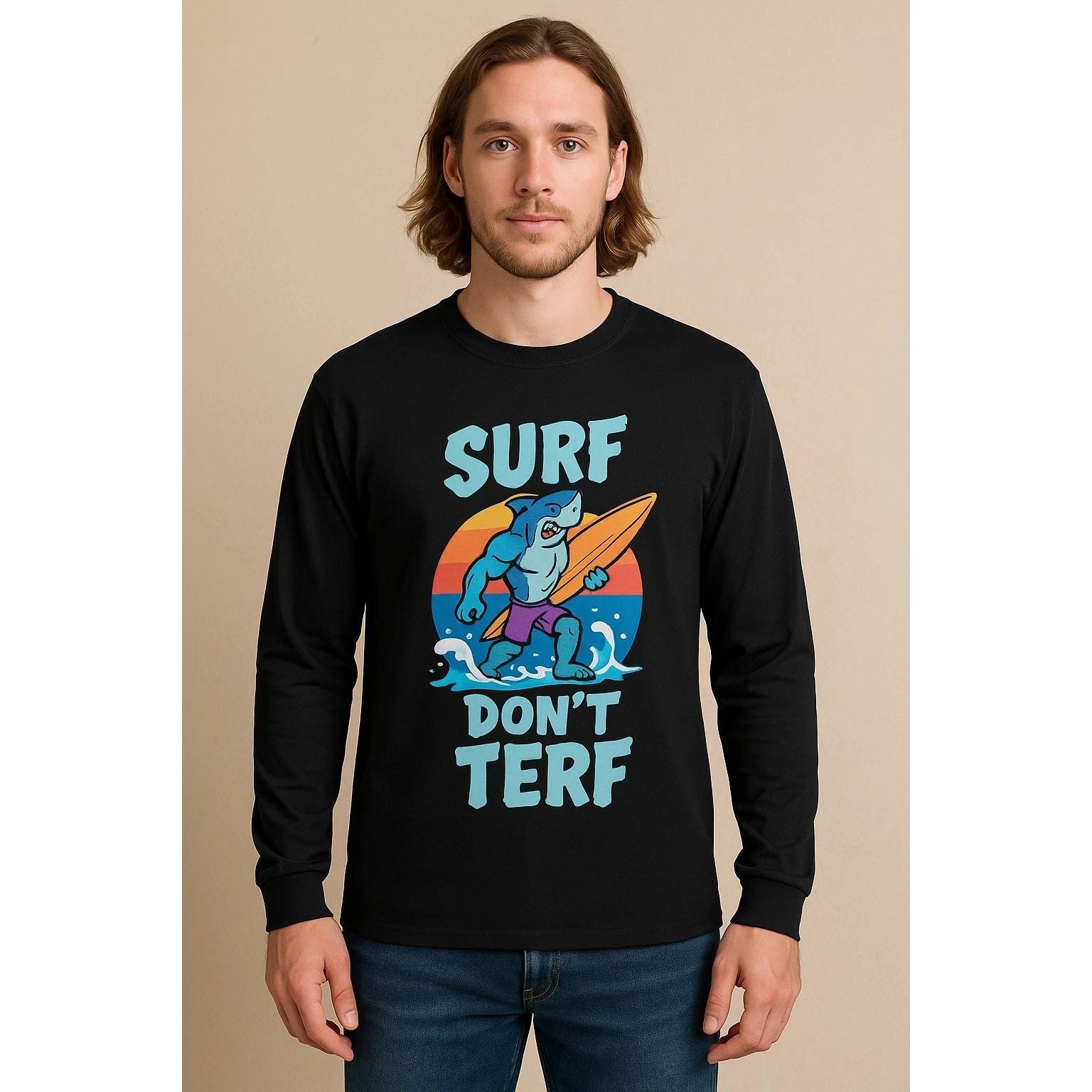 Gildan Mens Long Sleeve Surf Dont Terf Graphic Tshirt Size M