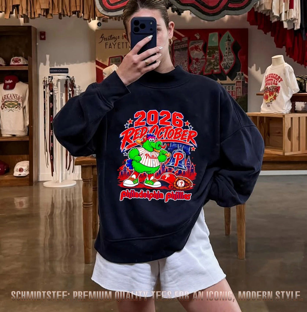 2026 Red October Philadelphia Phillies Baseball Postseason mascot skyline shirt
