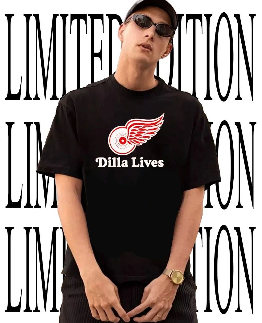Drake wearing Dilla Lives Detroit Red Wings shirt