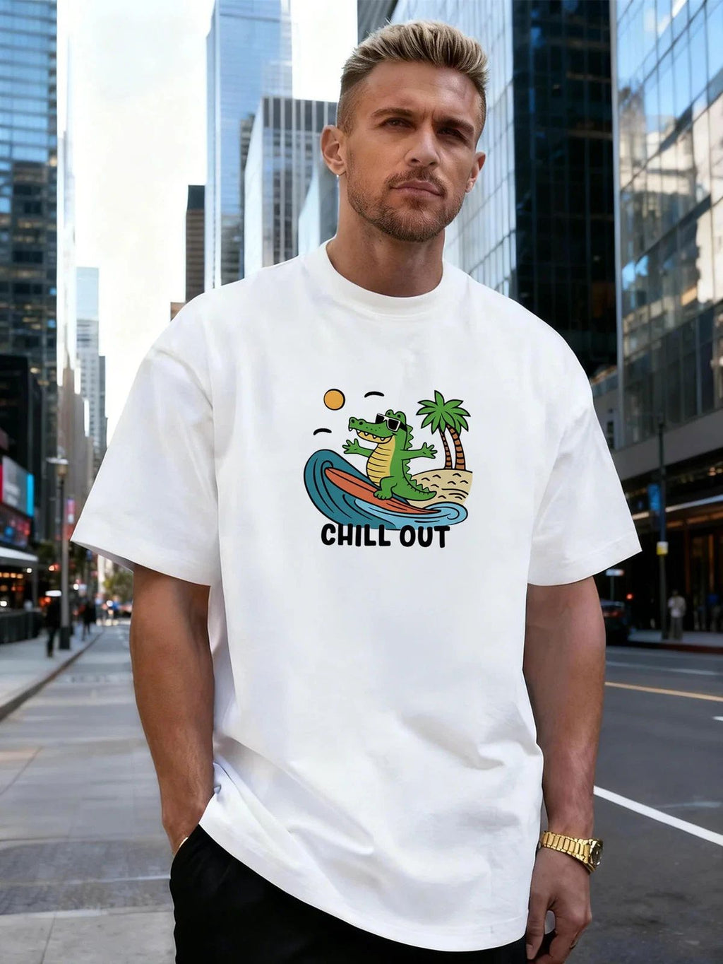 Surfing Alligator Graphic 100% Cotton Men's T-Shirt  for Daily Casual Wear