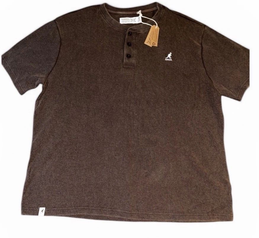 Kangol Henley Shirt Mens 2XL Brown Short Sleeve Waffle Knit Logo Casual NWT