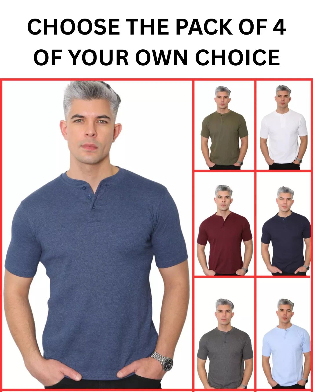 Mens Henley T-shirt Plain Waffle Knit Casual Thin Top - Pack of 4 (2310)