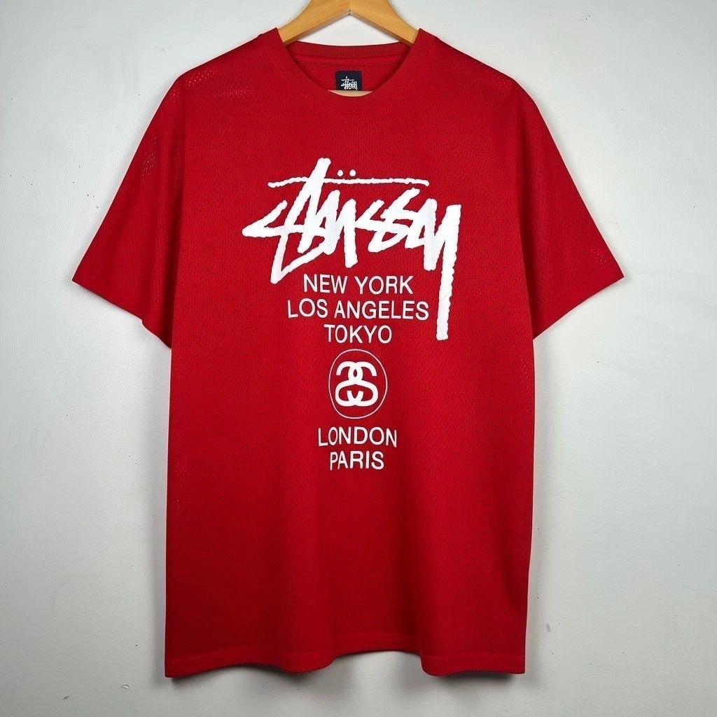 Stussy World Tour Mesh Jersey T Shirt Men Large Red Graphic Logo Streetwear