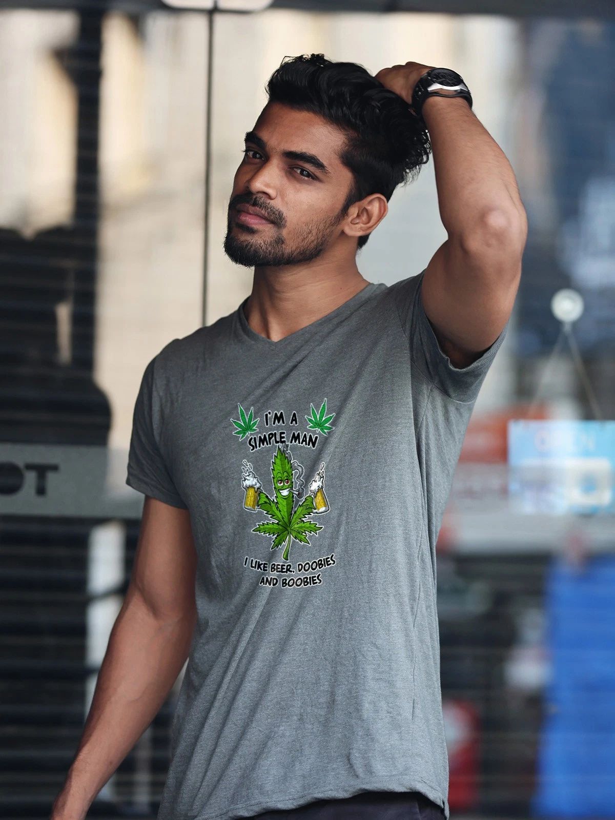 Gray Simple Man Beer Doobies Boobies 420 Weed  Mens T Shirt Gildan LARGE