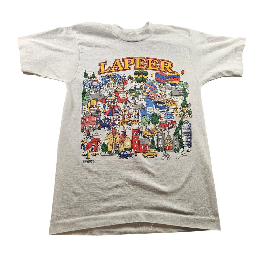 Vintage Lapeer Michigan Shirt Mens Medium White Cartoon Map Graphic USA 90s