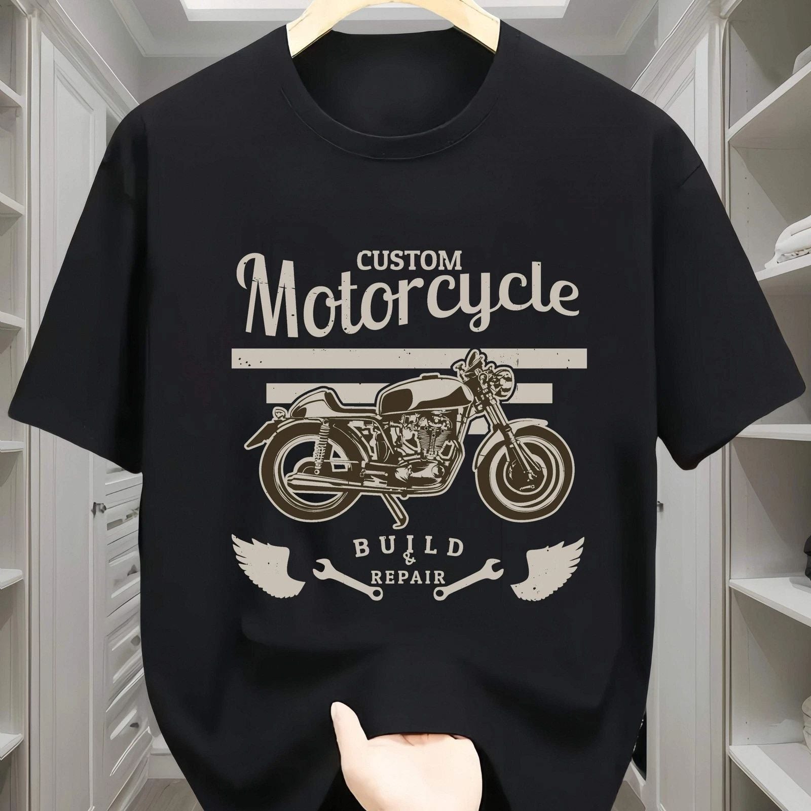 Casual Round Neck T-shirt With Motorcycle Pattern, Geometric Pattern, Short Slee