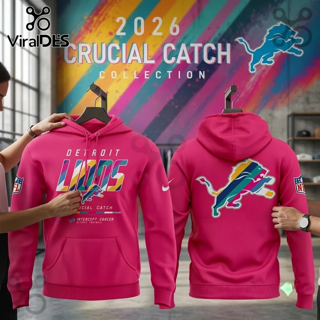Detroit Lions 2026 Crucial Catch Pink Hoodie