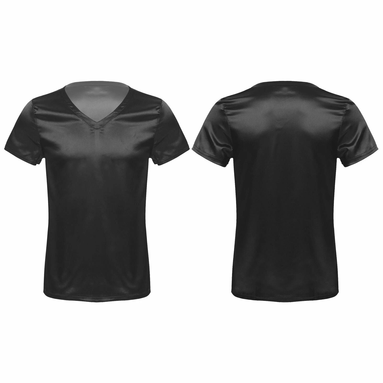 Men's Silk Satin Pajamas Satin V Neck T-Shirt Loose Short Sleeve Tops Nightwear