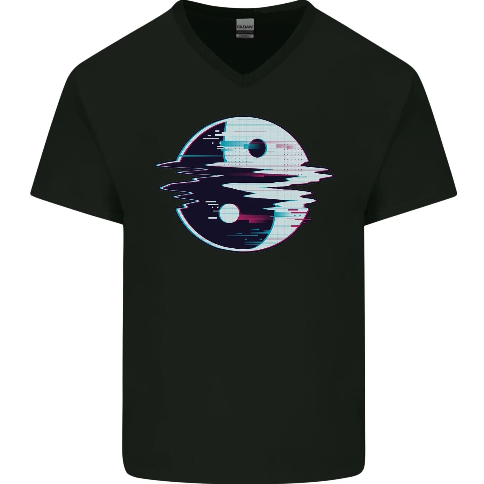Yin Yang Glitch Yoga Meditation SCI-FI MMA Mens V-Neck Cotton T-Shirt