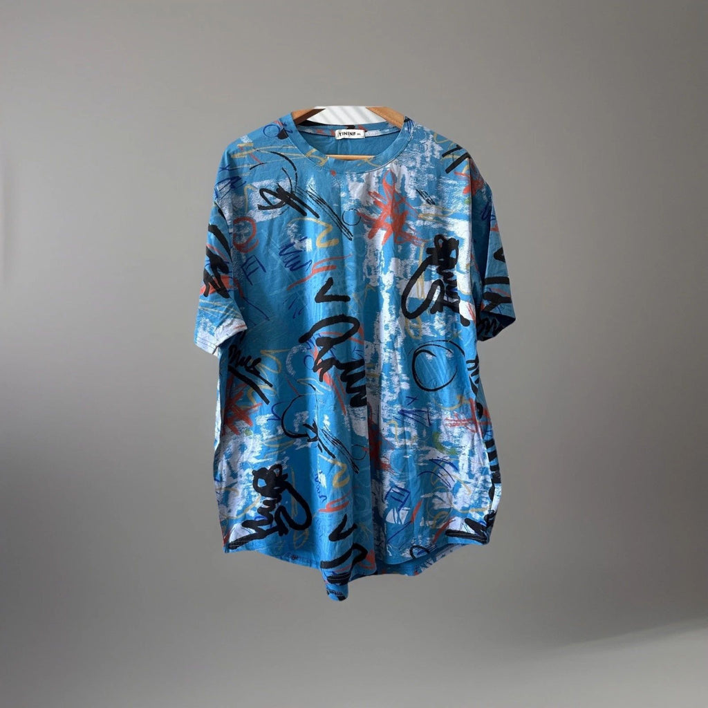 yininf men’s hipster hip hop short sleeve print t shirt blue 3xl street style