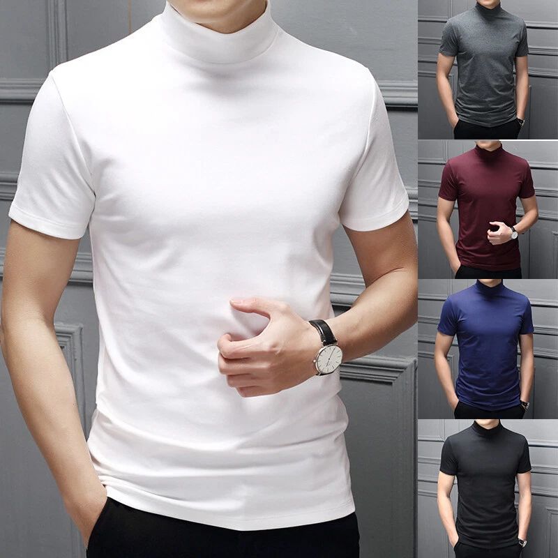 Men Half High Collar Mercerized Cotton Short Sleeve Slim Fit T-Shirt Solid Color