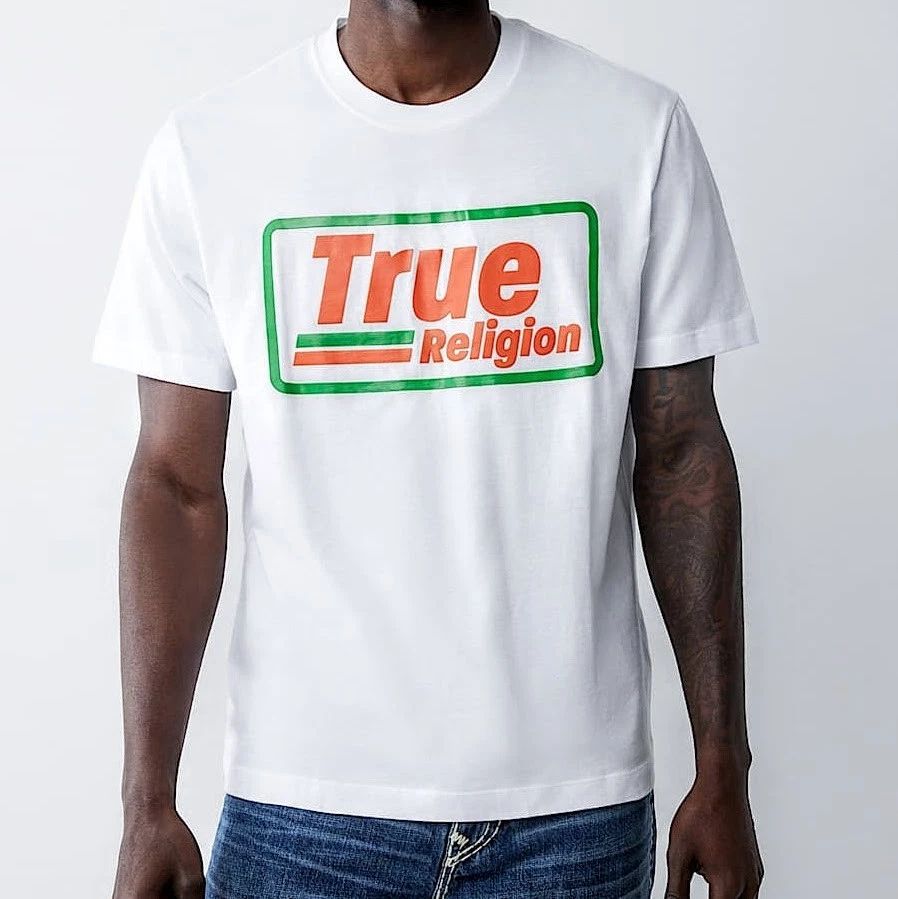 True Religion T-Shirt Men's XL White Orange Green Jeans Retro Gas Box Logo   NWT