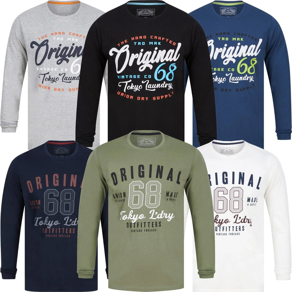 Men's Tokyo Laundry Crew Neck Long Sleeve T Shirt Jersey 100% Soft Cotton Top