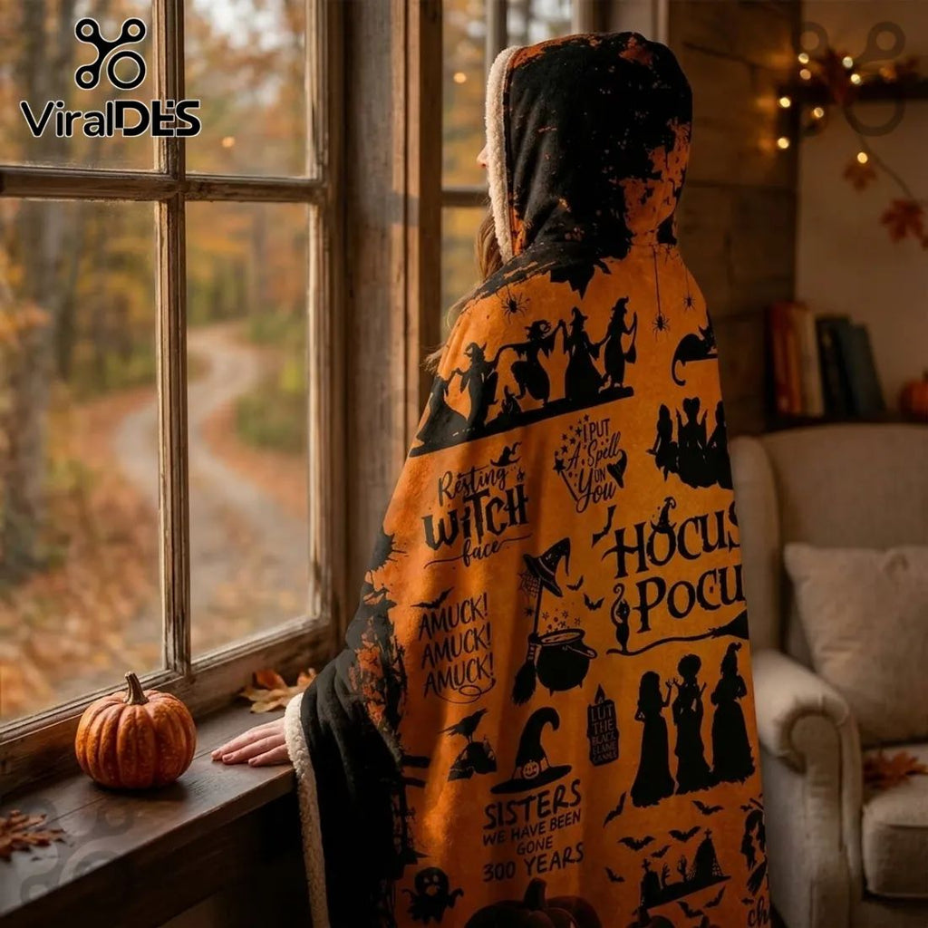 Hocus Pocus Sanderson Sisters Orange Hooded Blanket