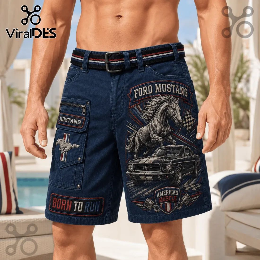 Ford Mustang American Muscle Navy Blue Casual Shorts