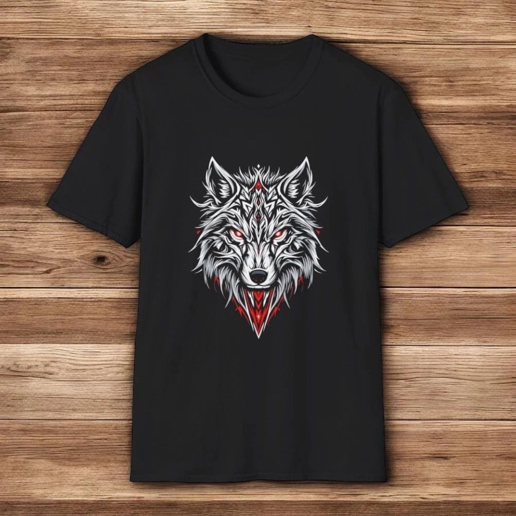 Wolf Graphic T-Shirt Tribal Alpha Wolf Red Eyes Black Cotton Tee Streetwear