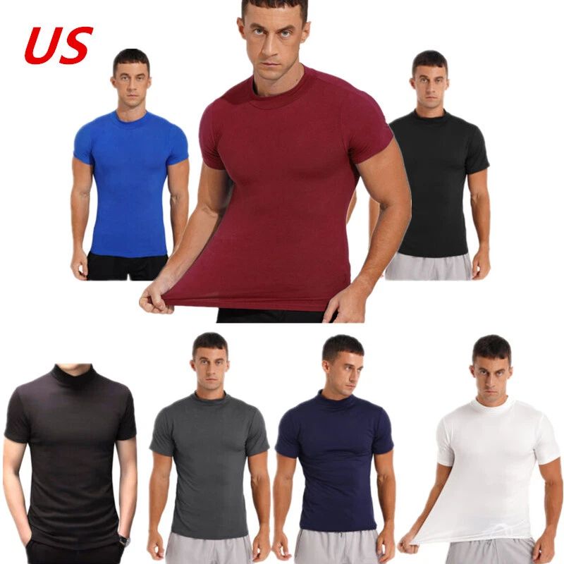 Men's Short Sleeve T-shirt Casual Fit Basic Tops Mock Neck Pullover Undershirt