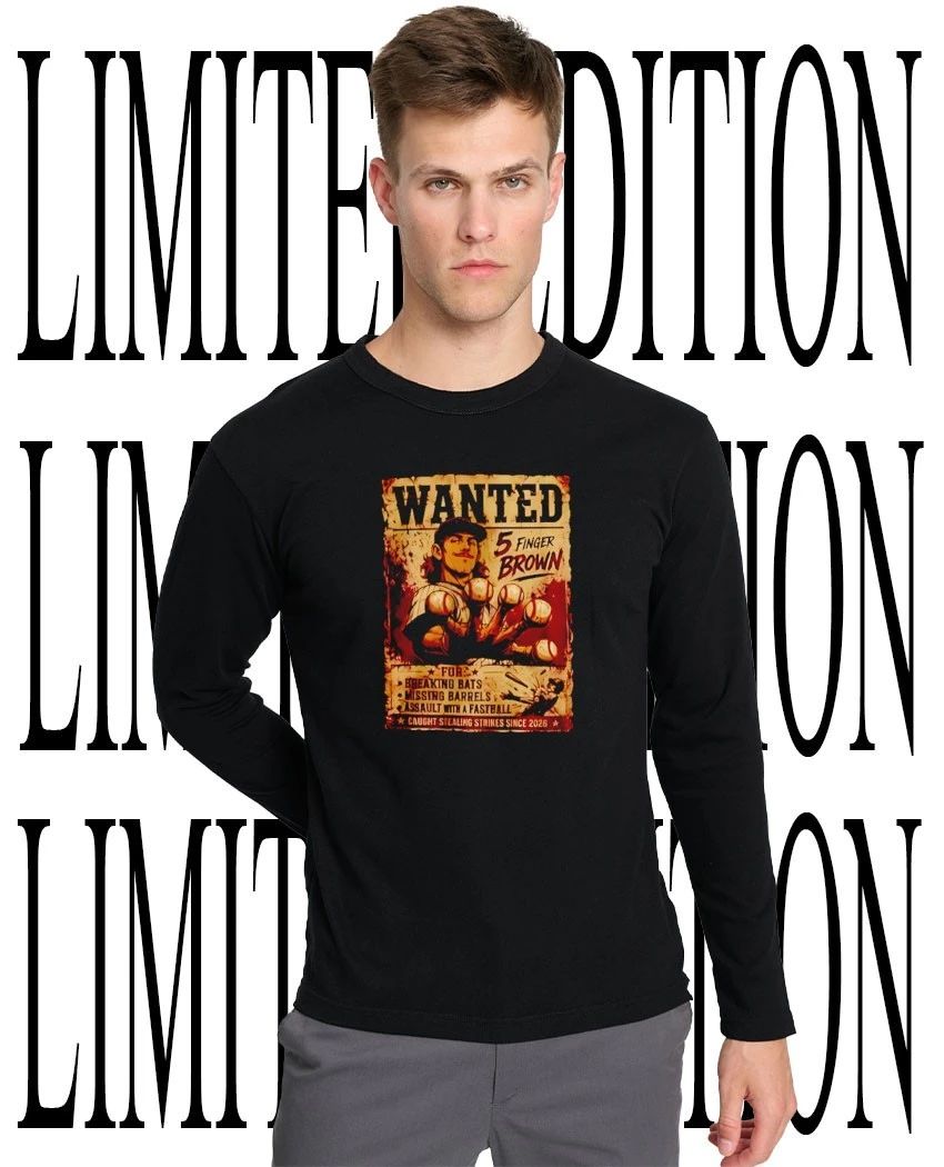 MLB 5 Finger Brown Baseball wanted breaking bats stealing strikes caricature shirt