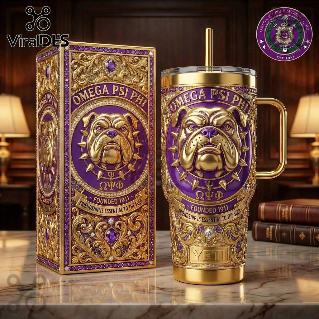 Omega Psi Phi Violet and Gold Bulldog YETI Handle Tumbler