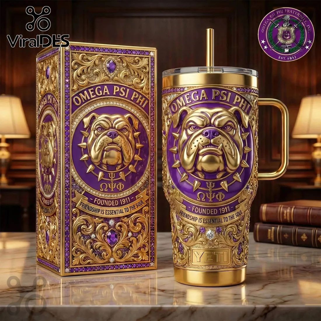 Omega Psi Phi Violet and Gold Bulldog YETI Handle Tumbler