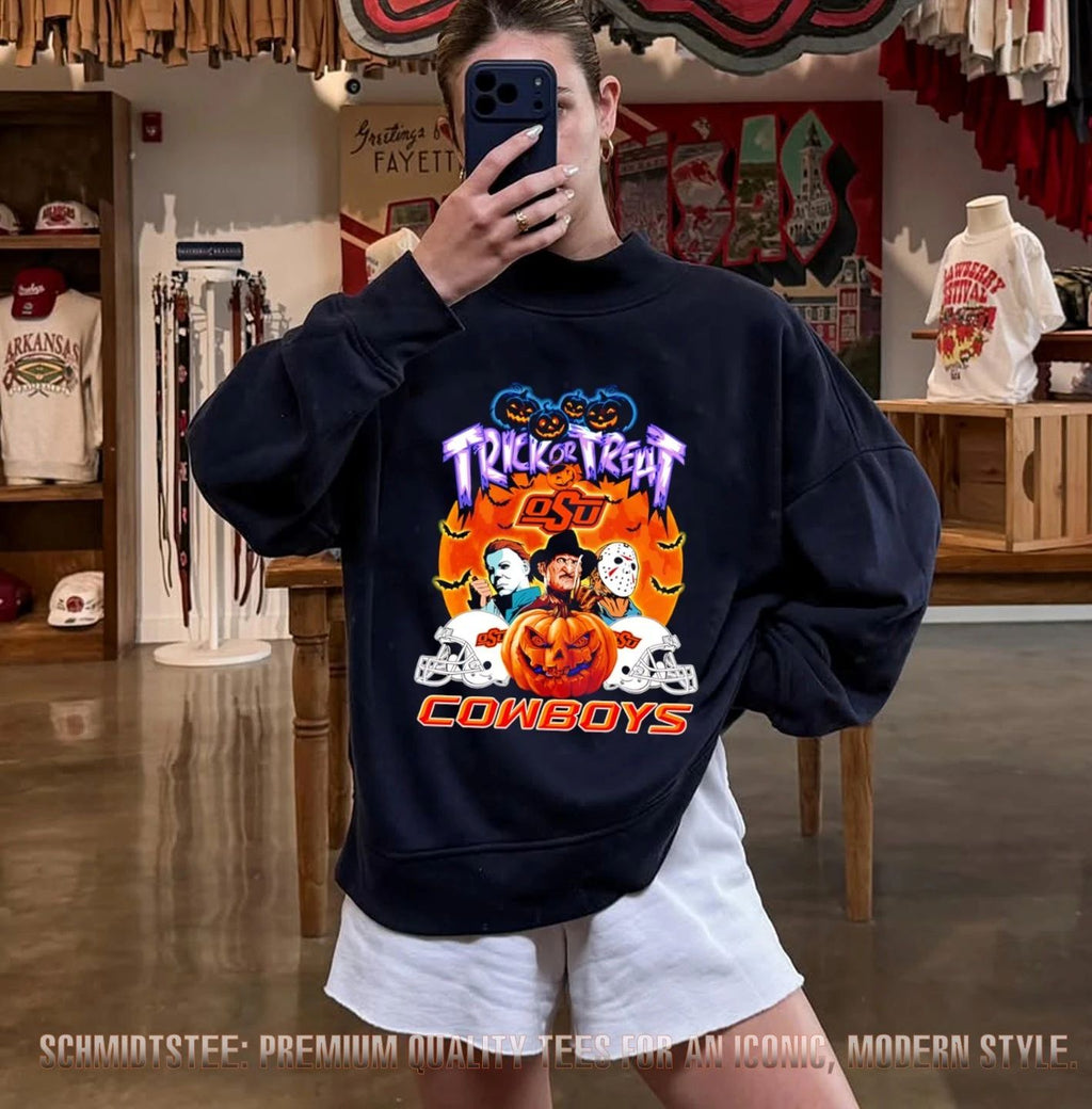 Oklahoma State Cowboys x Horror Characters Trick Or Treat Halloween 2026 shirt