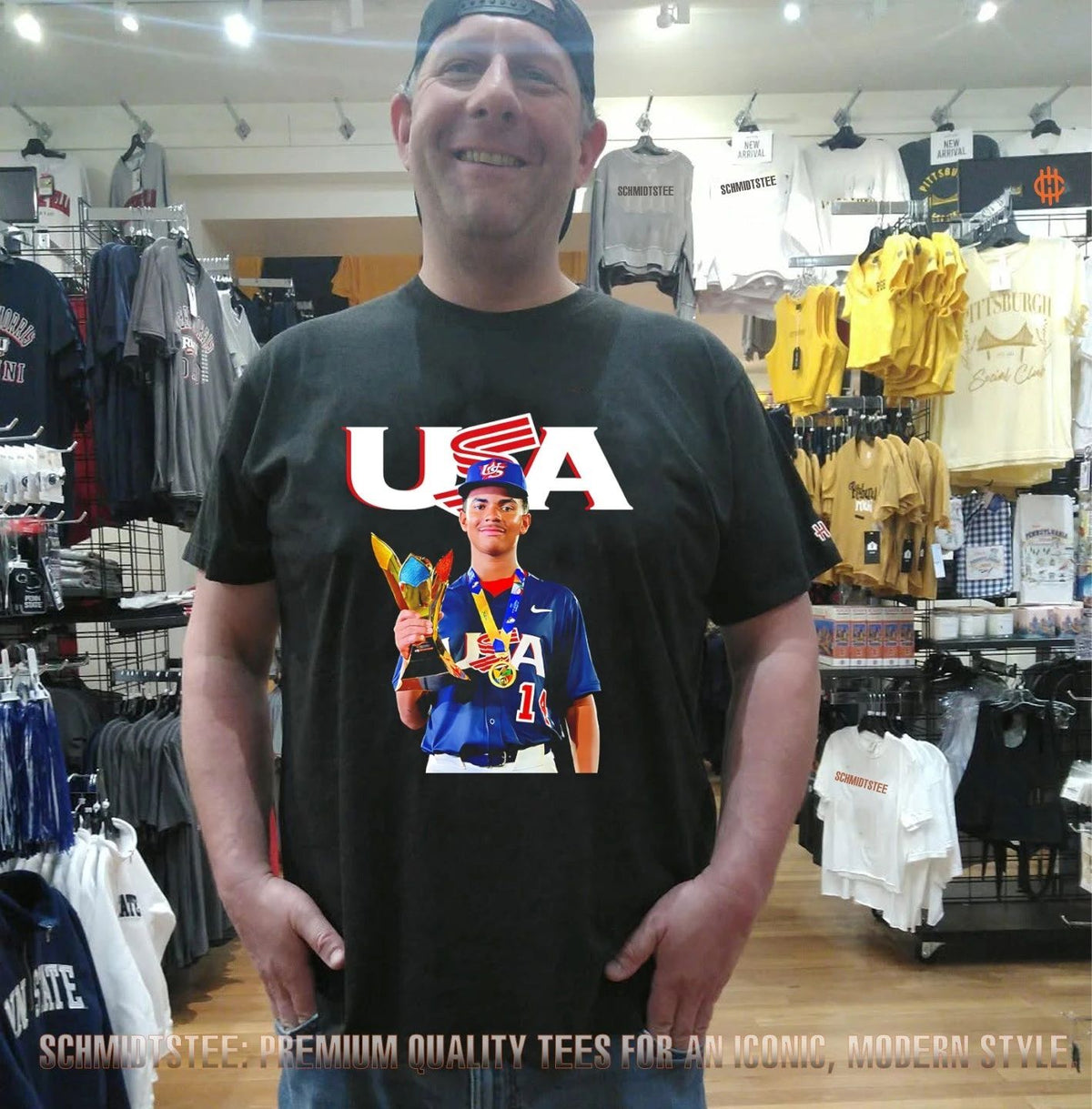 USA Baseball Champion young player with trophy shirt
