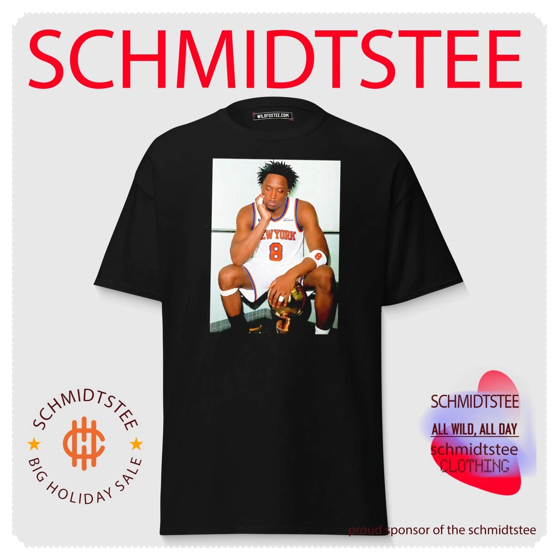 New York Knicks OG Anunoby sitting with trophy shirt